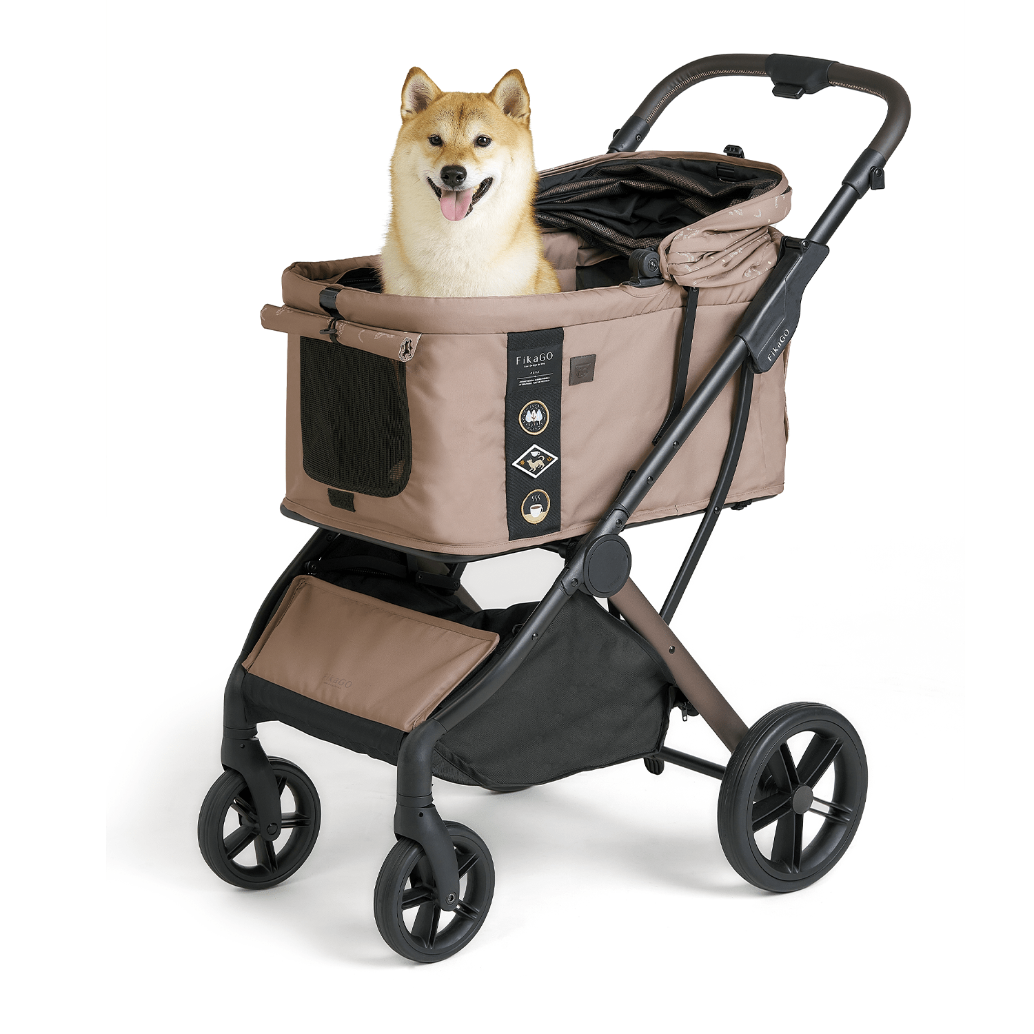 FikaGO AGILE 2 pet stroller with a dog in three-quarter view in bridge bond