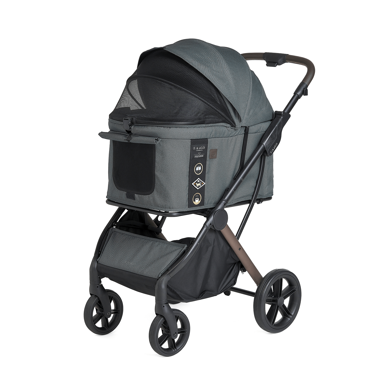 FikaGO AGILE 2 pet stroller with breathable mesh window in three-quarter view in vintage green