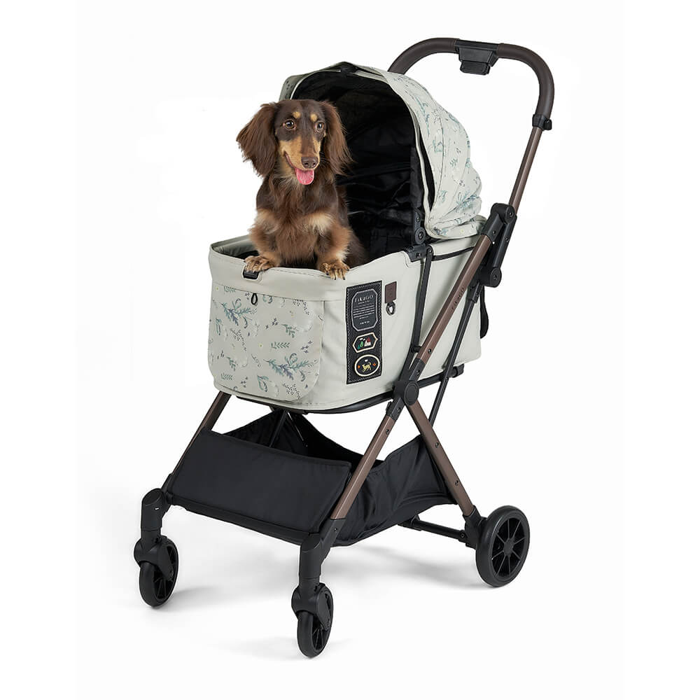 FikaGO FREE TO GO 2 pet stroller with a dog three-quarter view in blossom grove