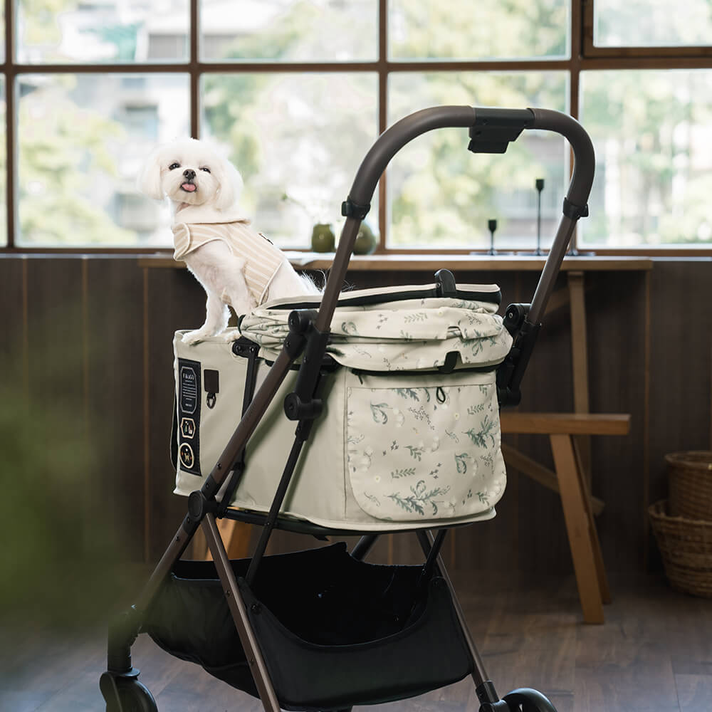 FikaGO FREE TO GO 2 pet stroller with a maltese standing in the cabin back view in blossom grove