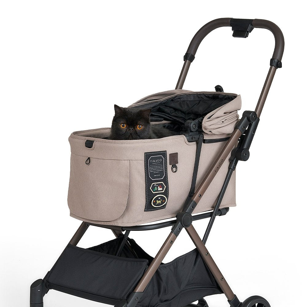 FikaGO FREE TO GO 2 pet stroller with a cat in three-quarter view in sandy beige