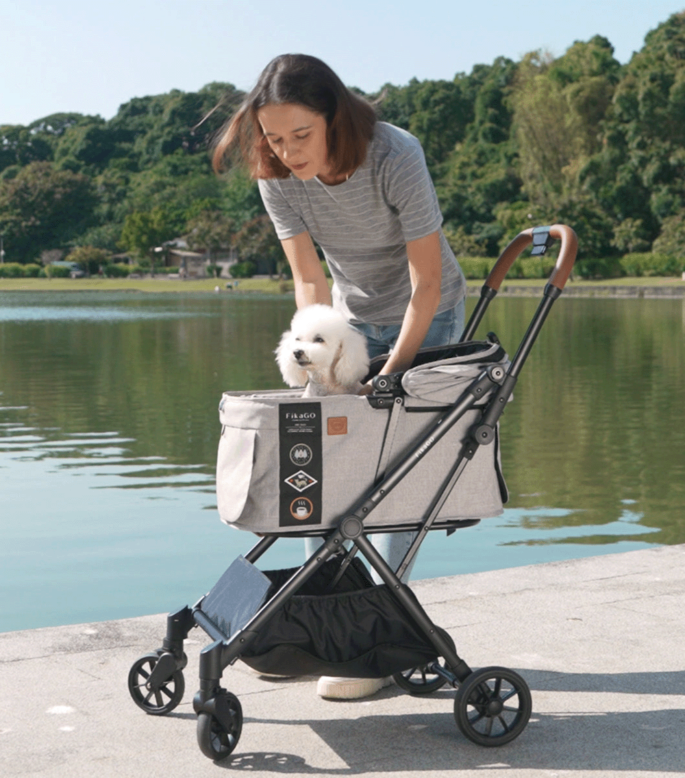 A small white poodle dog sitting in a FikaGO FREE TO GO 2 pet stroller by a lake