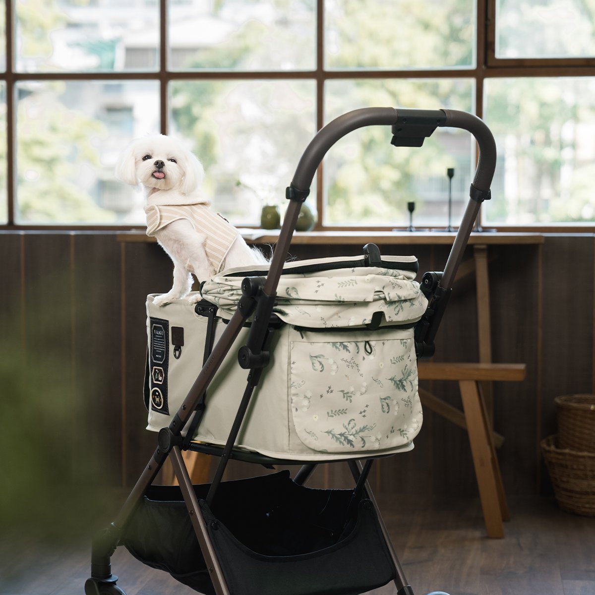 A small dog is sitting in FikaGO FREE TO GO 2 stroller in light green