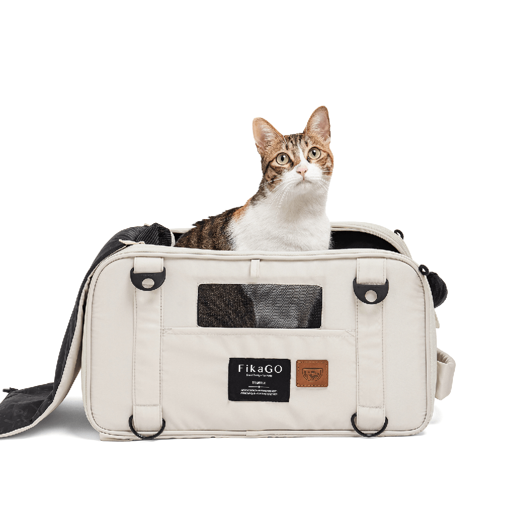 FikaGO TRUFFLE carry-on pet bag with a cat front view in cream cloud