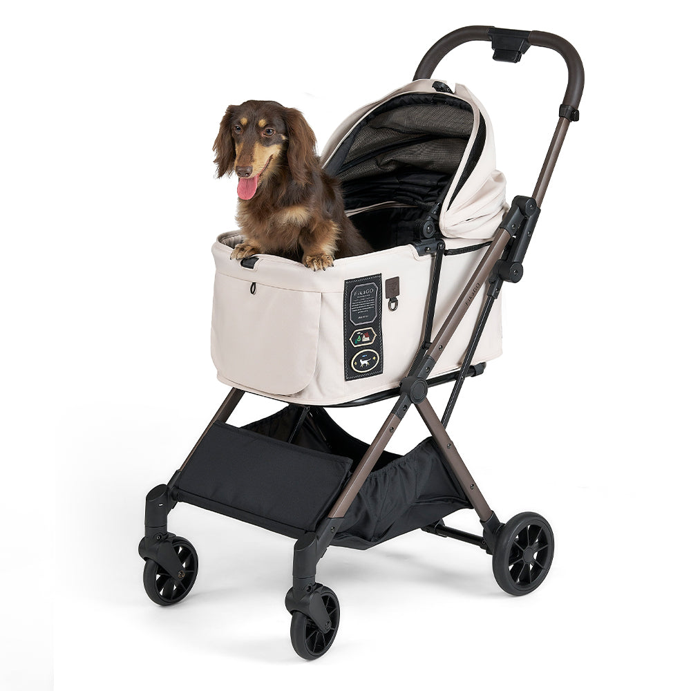 FikaGO FREE TO GO 2 pet stroller with a dog in front view in creamy cloud