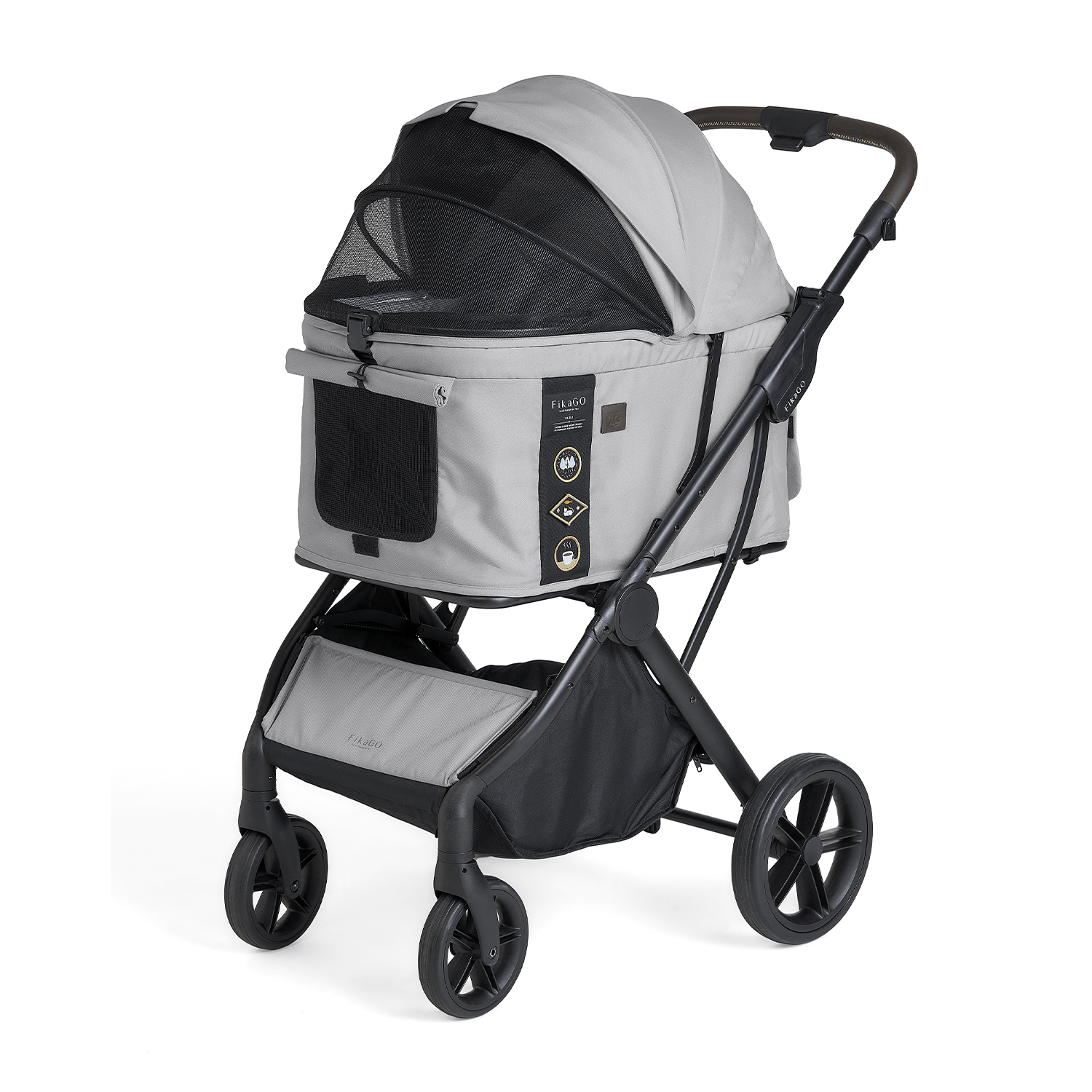 FikaGO AGILE 2 pet stroller with breathable mesh window in three-quarter view in soft grey