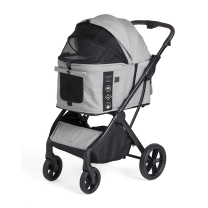 FikaGO AGILE 2 pet stroller with breathable mesh window in three-quarter view in soft grey