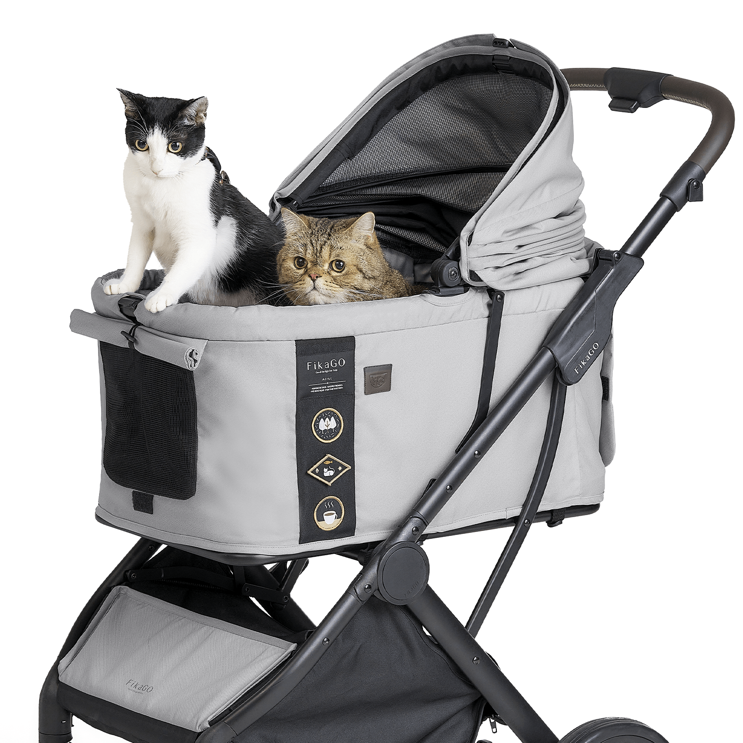 FikaGO AGILE 2 pet stroller with two cats in three-quarter view soft grey