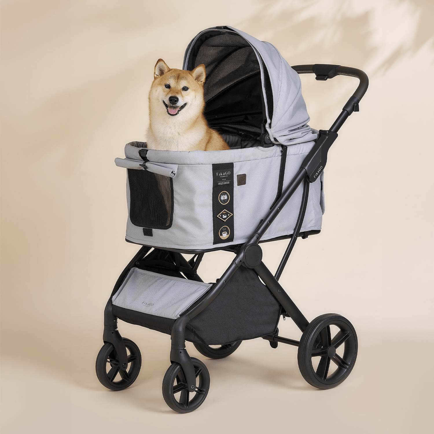 FikaGO AGILE 2 pet stroller with a shiba inu dog in three-quarter view soft grey