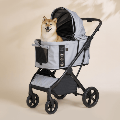 FikaGO AGILE 2 pet stroller with a shiba inu dog in three-quarter view soft grey