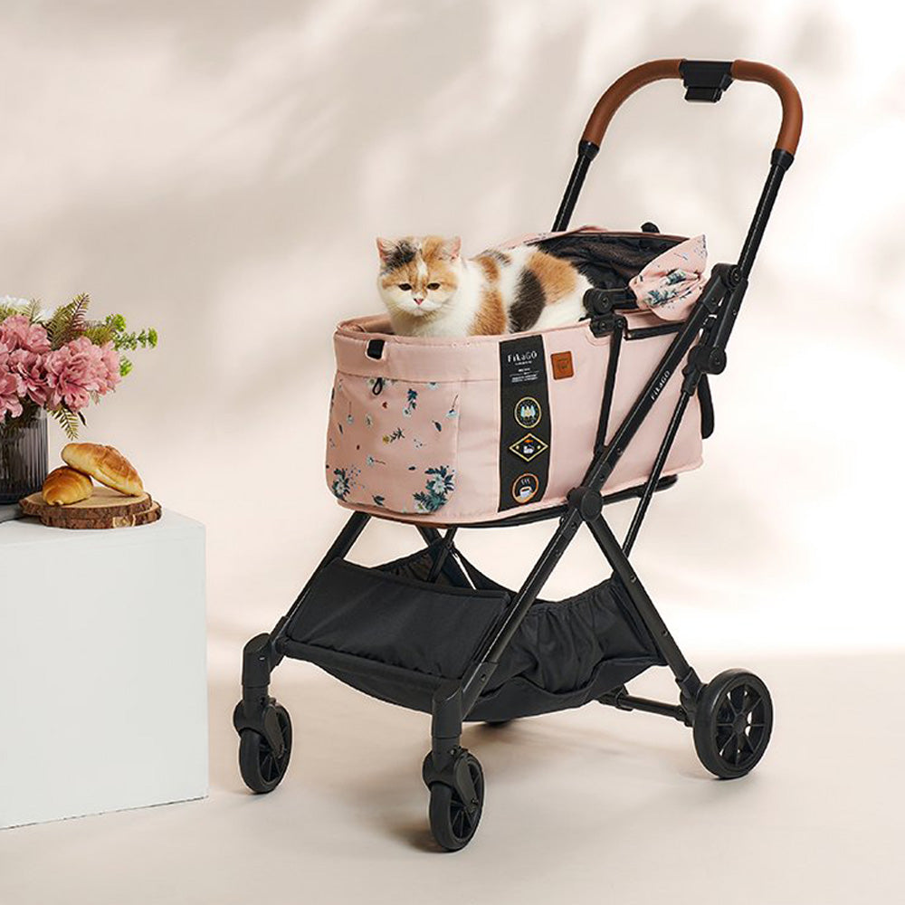 FikaGO FREE TO GO 2 pet stroller with a cat three-quarter view in arctic flower