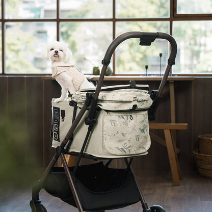 FikaGO FREE TO GO 2 pet stroller with a maltese standing in the cabin back view in blossom grove