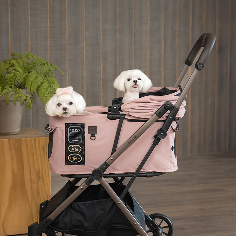 FikaGO FREE TO GO 2 pet stroller with two  maltese in mist pink