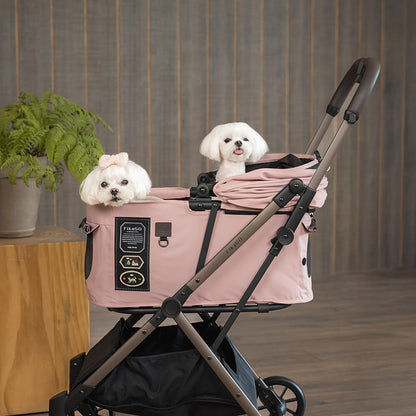 FikaGO FREE TO GO 2 pet stroller with two  maltese in mist pink