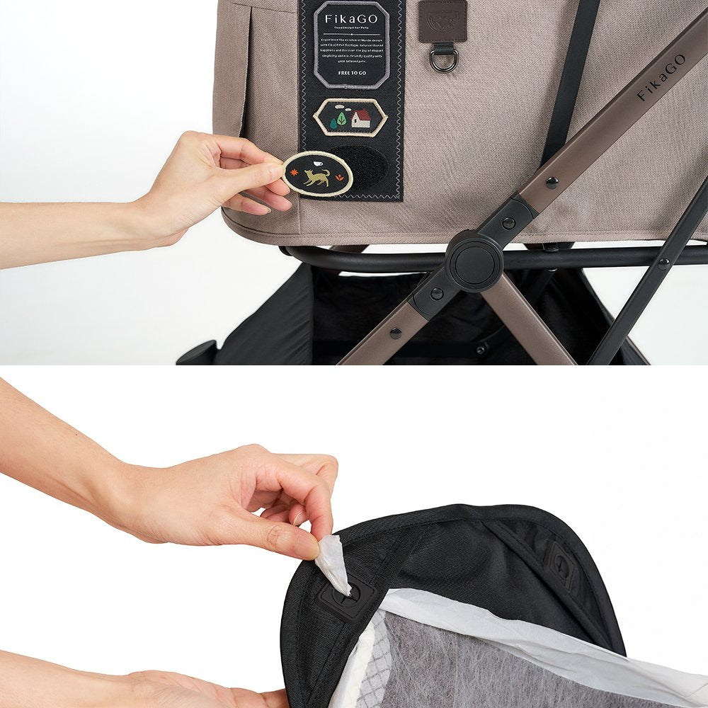 FikaGO FREE TO GO 2 pet stroller with custom embroidered patch and inner cushion with silicone grip to keep diaper pad in place