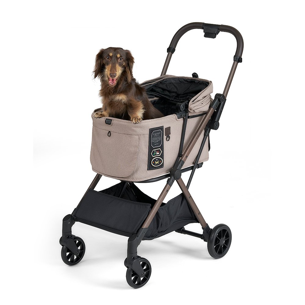FikaGO FREE TO GO 2 pet stroller with a dog in three-quarter view in sandy beige