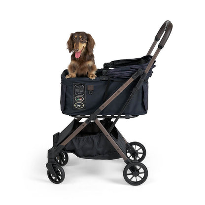 FikaGO FREE TO GO 2 pet stroller with a dog front view in strolling letters