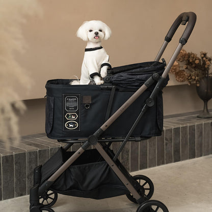 FikaGO FREE TO GO 2 pet stroller with a maltese standing in the cabin front view in strolling letters