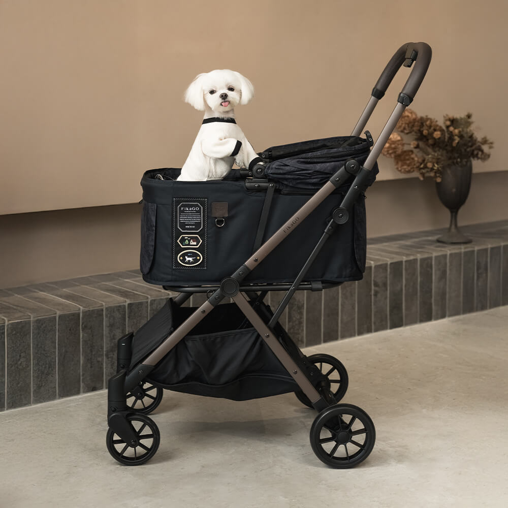FikaGO FREE TO GO 2 pet stroller with a small dog front view in strolling letters