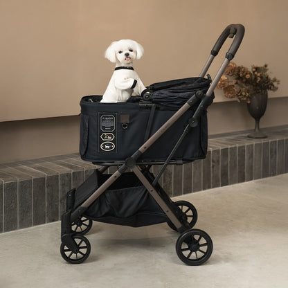 FikaGO FREE TO GO 2 pet stroller with a small dog front view in strolling letters