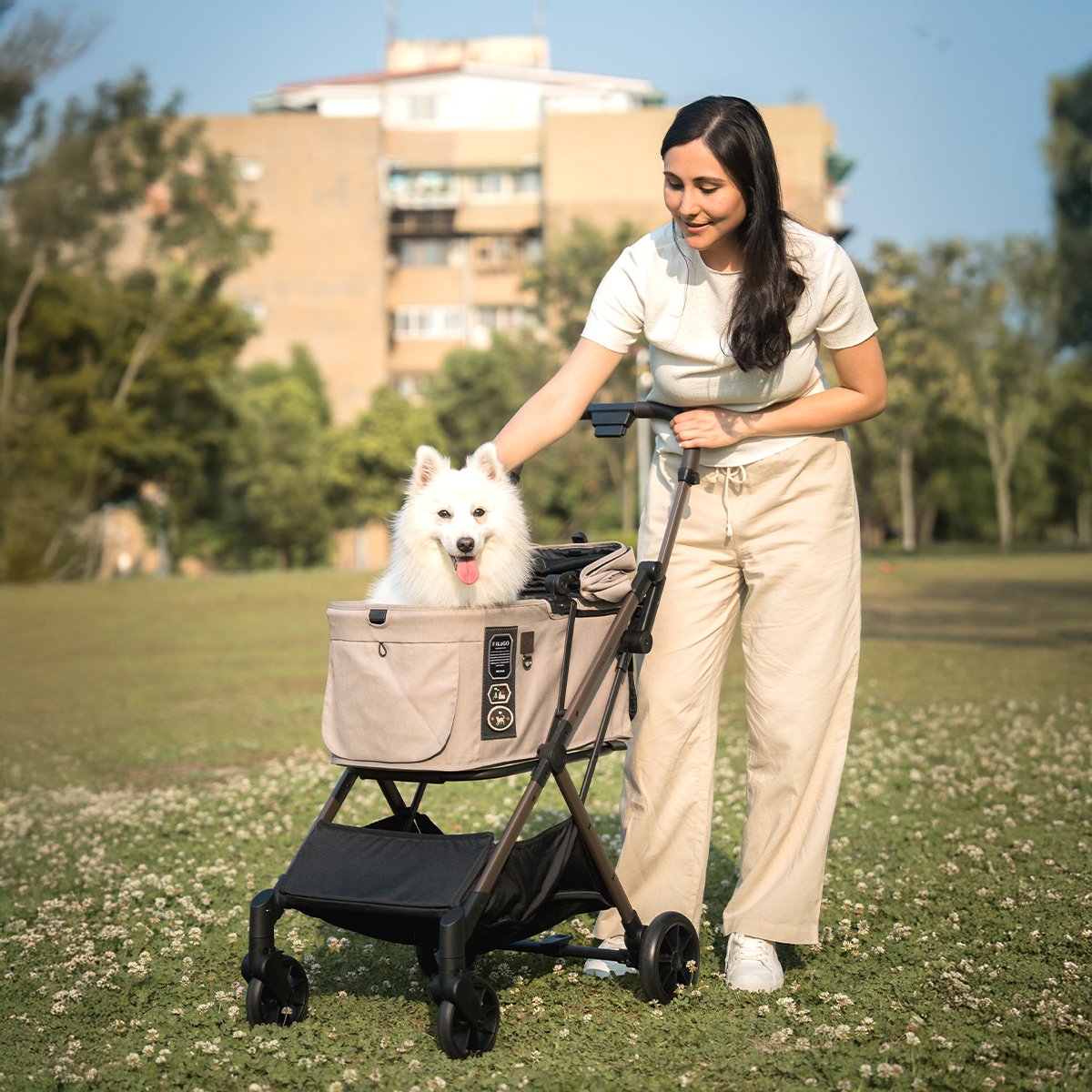 A small dog is sitting in FikaGO FREE TO GO 2 stroller in sandy beige